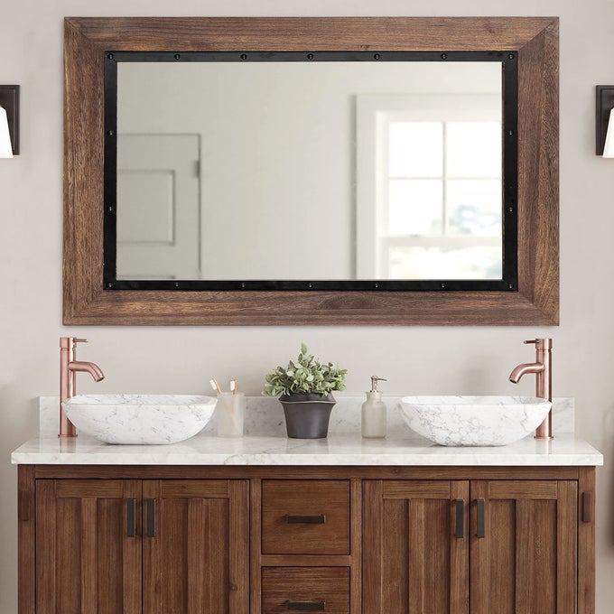 RUSTIC WOODEN FRAMED WALL MIRROR 40X26 NATURAL WOOD AND IRON BATHROOM VANITY MIRROR FOR FARMHOUSE DECOR VERTICAL OR HORIZONTAL HANGING