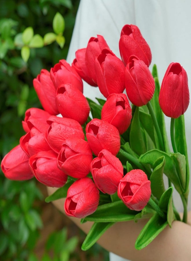 IPLNTS 20 Pcs Tulips Artificial Flowers, Life Like Latex PU Real Touch, Fake Tulips for Kitchen Vase Home Office Garden Wedding Party Coffee Table Decoration (Red, 13 inches) - Image 1