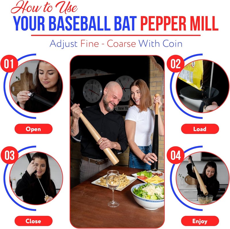 Millhouse Baseball Bat Pepper Grinder – Manual, 33 Inches, Fine To Coarse Adjustable, Carbon Steel Mechanism, Refillable Mill in Baseball Bat Design, Unique Gift for Baseball Players, Birthdays, Foodies & BBQ's - Image 5