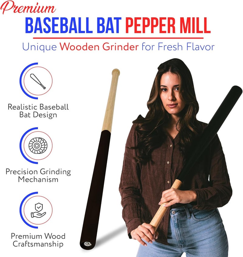 Millhouse Baseball Bat Pepper Grinder – Manual, 33 Inches, Fine To Coarse Adjustable, Carbon Steel Mechanism, Refillable Mill in Baseball Bat Design, Unique Gift for Baseball Players, Birthdays, Foodies & BBQ's - Image 2