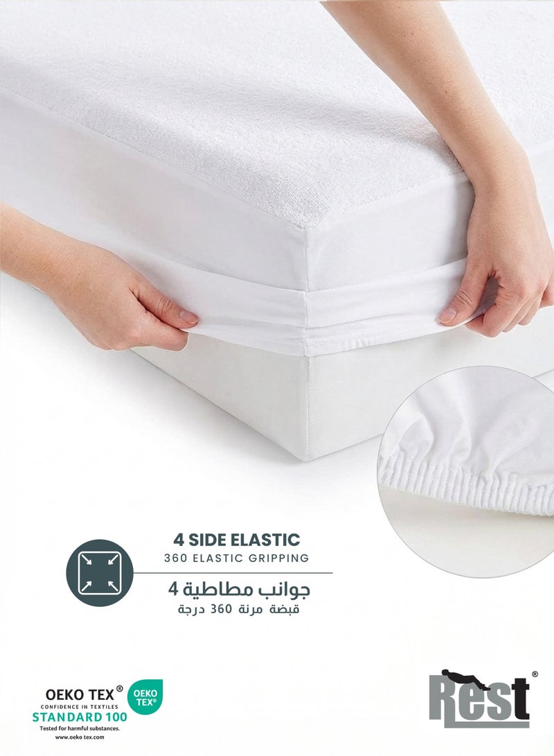 REST Waterproof Premium Mattress Protector 180x200cm , 71x79 inch White Terry Cotton Upto 35cm Deep Pocket Hypoallergenic Breathable Mattress Protector Machine Washable - Image 3