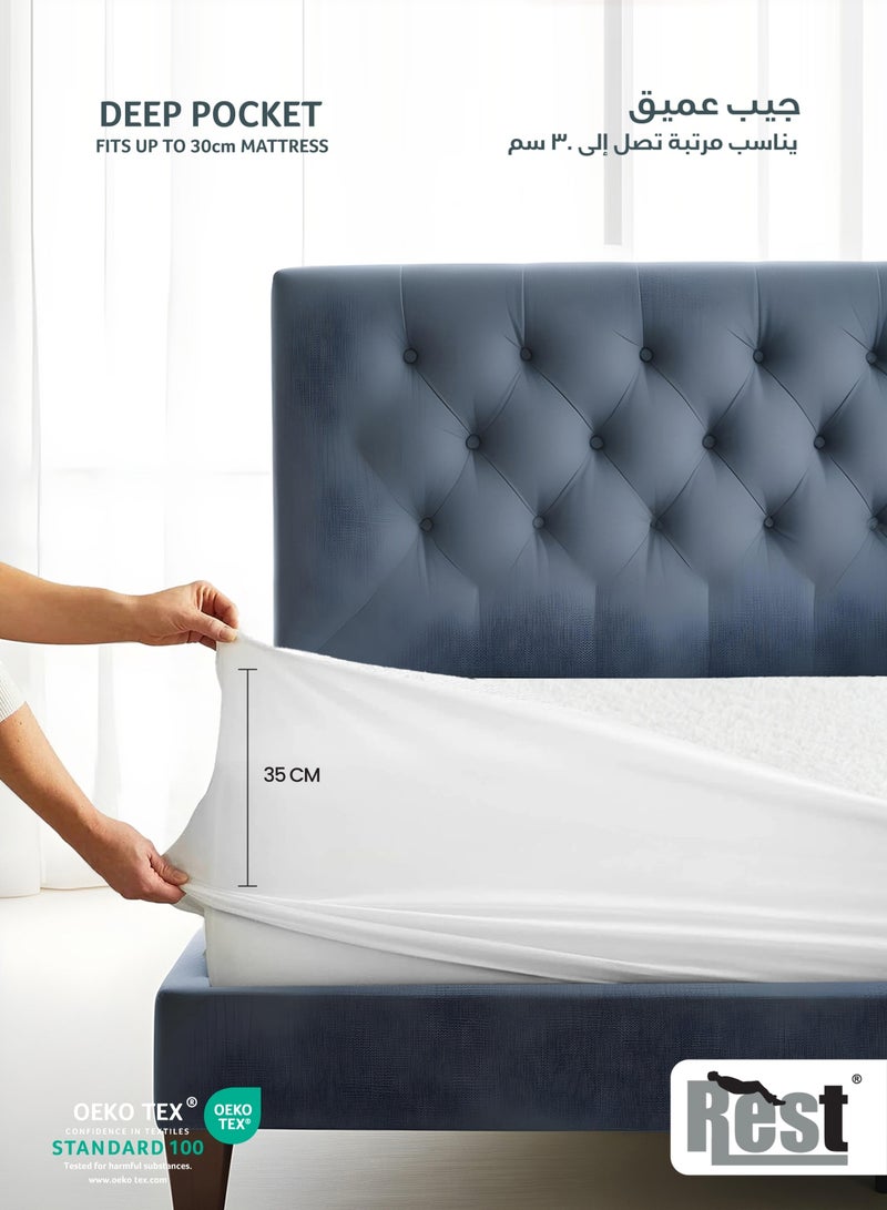 REST Waterproof Premium Mattress Protector 180x200cm , 71x79 inch White Terry Cotton Upto 35cm Deep Pocket Hypoallergenic Breathable Mattress Protector Machine Washable - Image 2