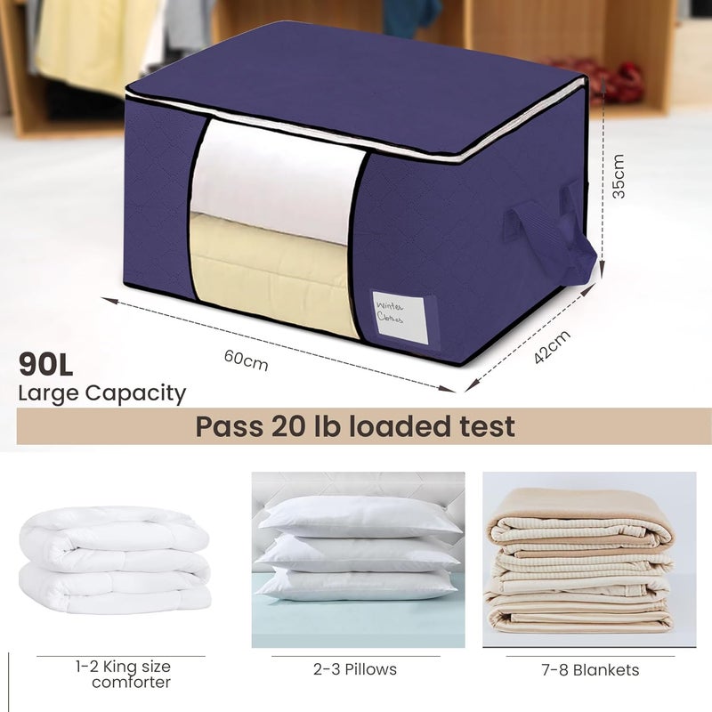 شنط تخزين ملابس كبيرة سعة 90 لتر مجموعة 3 قطع منظمات خزانة قابلة للطي بمقبض معزز مصنوعة قماش متين غير منسوج للملابس والبطانيات واللحاف والالعاب - Image 2