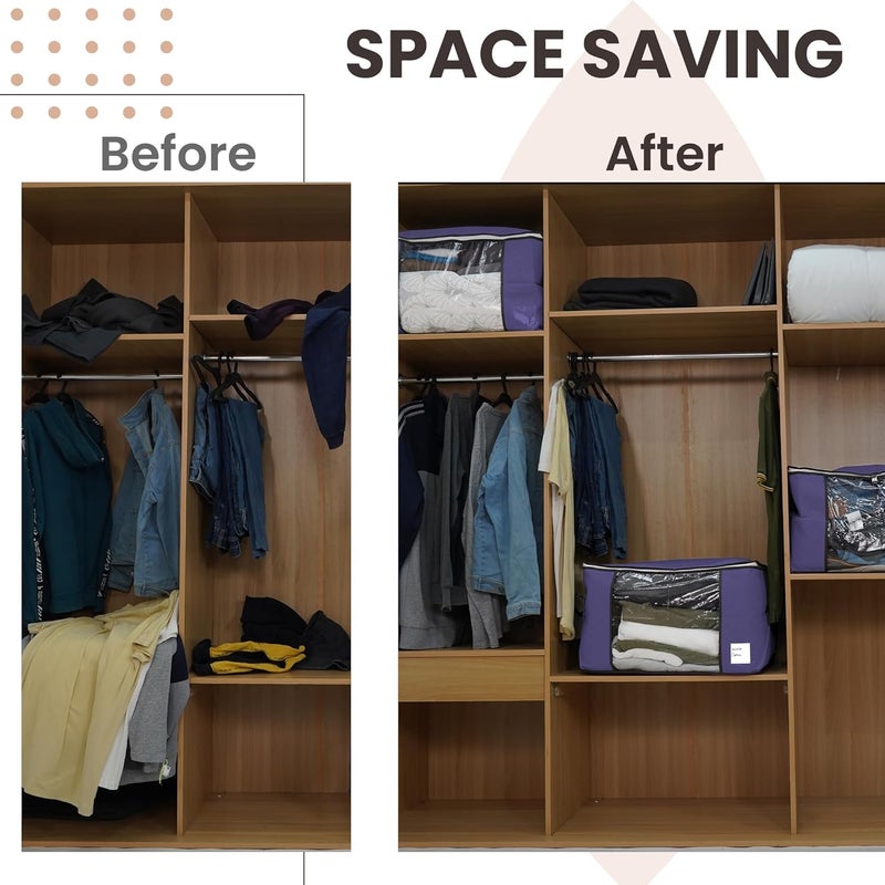 شنط تخزين ملابس كبيرة سعة 90 لتر مجموعة 3 قطع منظمات خزانة قابلة للطي بمقبض معزز مصنوعة قماش متين غير منسوج للملابس والبطانيات واللحاف والالعاب - Image 5