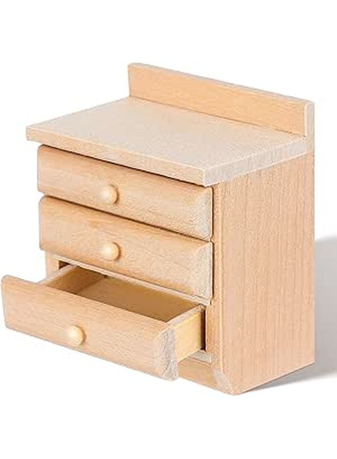 Unfinished Wooden Miniature Dollhouse Bedside Table With Three Drawers For Bedroom Decoration - Image 1