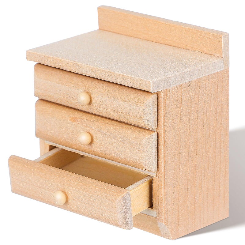 Unfinished Wooden Miniature Dollhouse Bedside Table With Three Drawers For Bedroom Decoration - Image 2