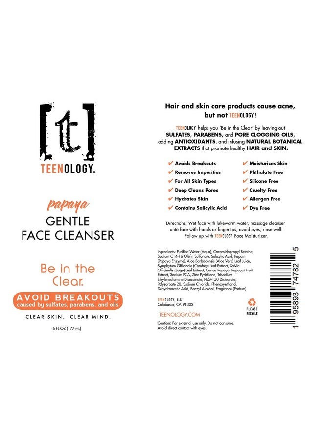 TEENOLOGY - Gentle Face Cleanser For Teens Helps With Acne And Breakouts Papaya Scent 6 Ounce - Image 1