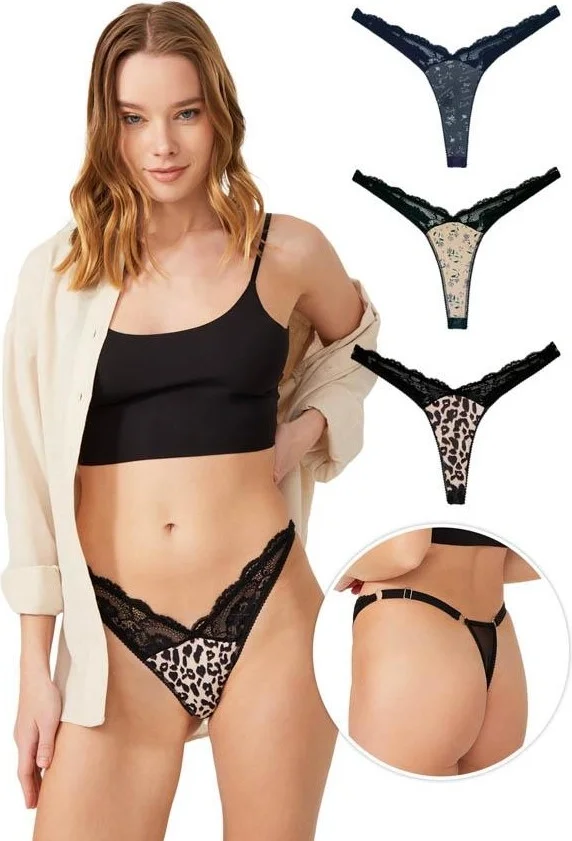COTTONHILL Lace Laser Cut Patterned Women's Thong Panties 3 Pack-2