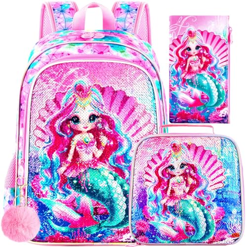 GXTVO 3PCS Mermaid Backpack 16 Kids Sequin Bookbag with Lunch Box for Girls Water Resistant School Bag for Elementary Prechool Toddler - Image 1