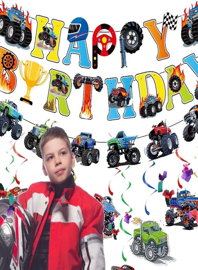 BHNACIER 12pcs Monster Truck Birthday Party Banner Decorations Set Truck Happy Birthday Banner, Monster Trucks Banners Bunting Garlands and Trucks Themed Hanging Swirls for Cars Themed Party Supplies - Image 4
