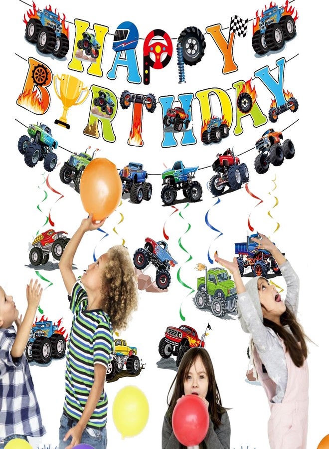 BHNACIER 12pcs Monster Truck Birthday Party Banner Decorations Set Truck Happy Birthday Banner, Monster Trucks Banners Bunting Garlands and Trucks Themed Hanging Swirls for Cars Themed Party Supplies - Image 3