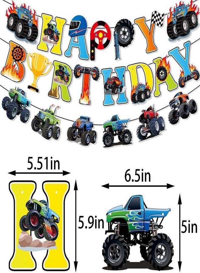 BHNACIER 12pcs Monster Truck Birthday Party Banner Decorations Set Truck Happy Birthday Banner, Monster Trucks Banners Bunting Garlands and Trucks Themed Hanging Swirls for Cars Themed Party Supplies - Image 2