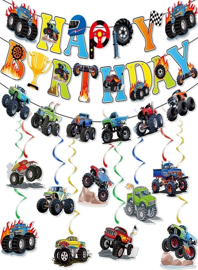 BHNACIER 12pcs Monster Truck Birthday Party Banner Decorations Set Truck Happy Birthday Banner, Monster Trucks Banners Bunting Garlands and Trucks Themed Hanging Swirls for Cars Themed Party Supplies - Image 1