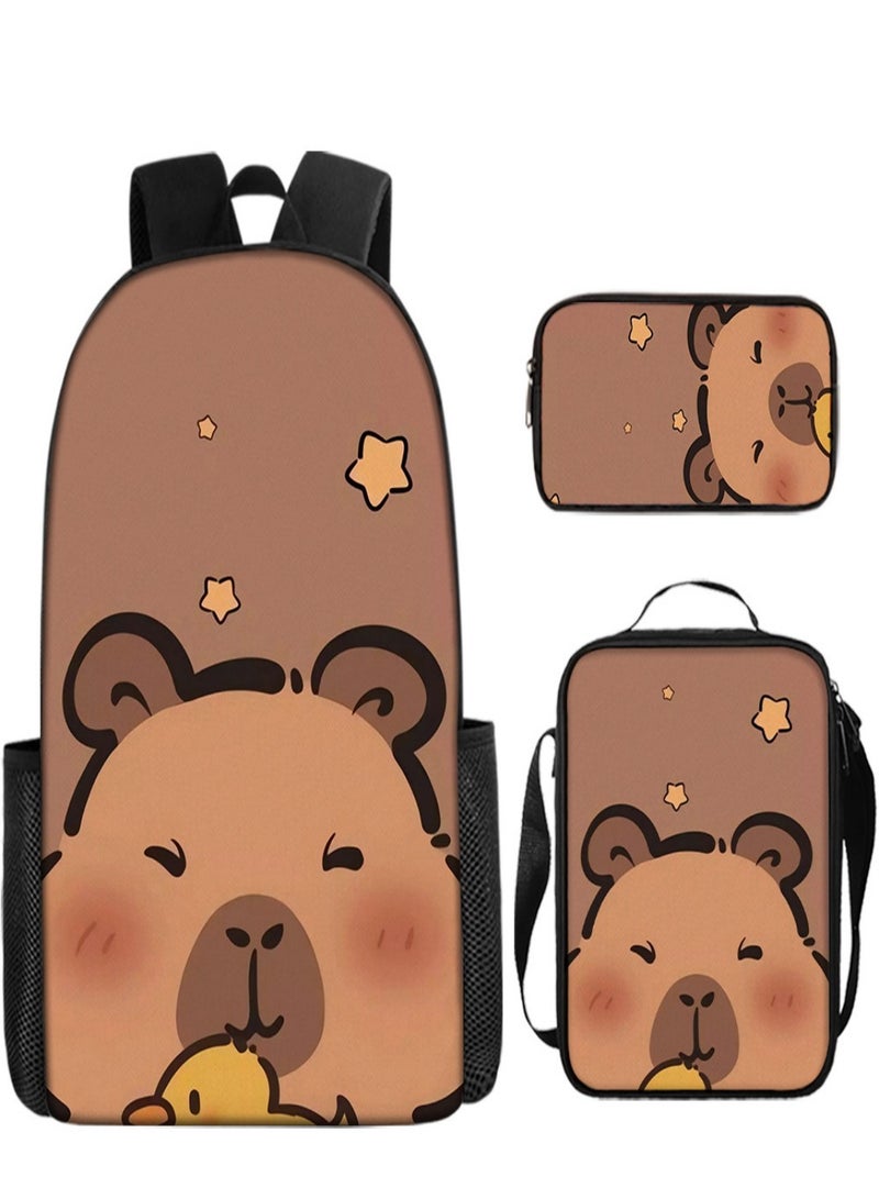 Capybara Children Backpack Schoolbag Teen Student School Book bag with Lunch Box Pen Case 3 in 1 for Kids