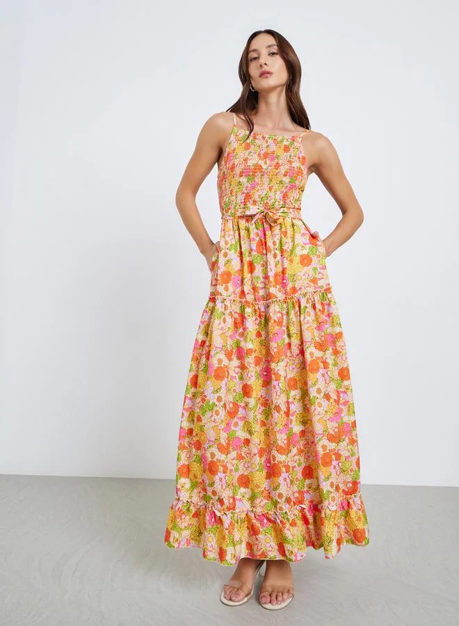 تايك تو فستان طويل بحمالات وطبعة زهور وتفاصيل سموكينج