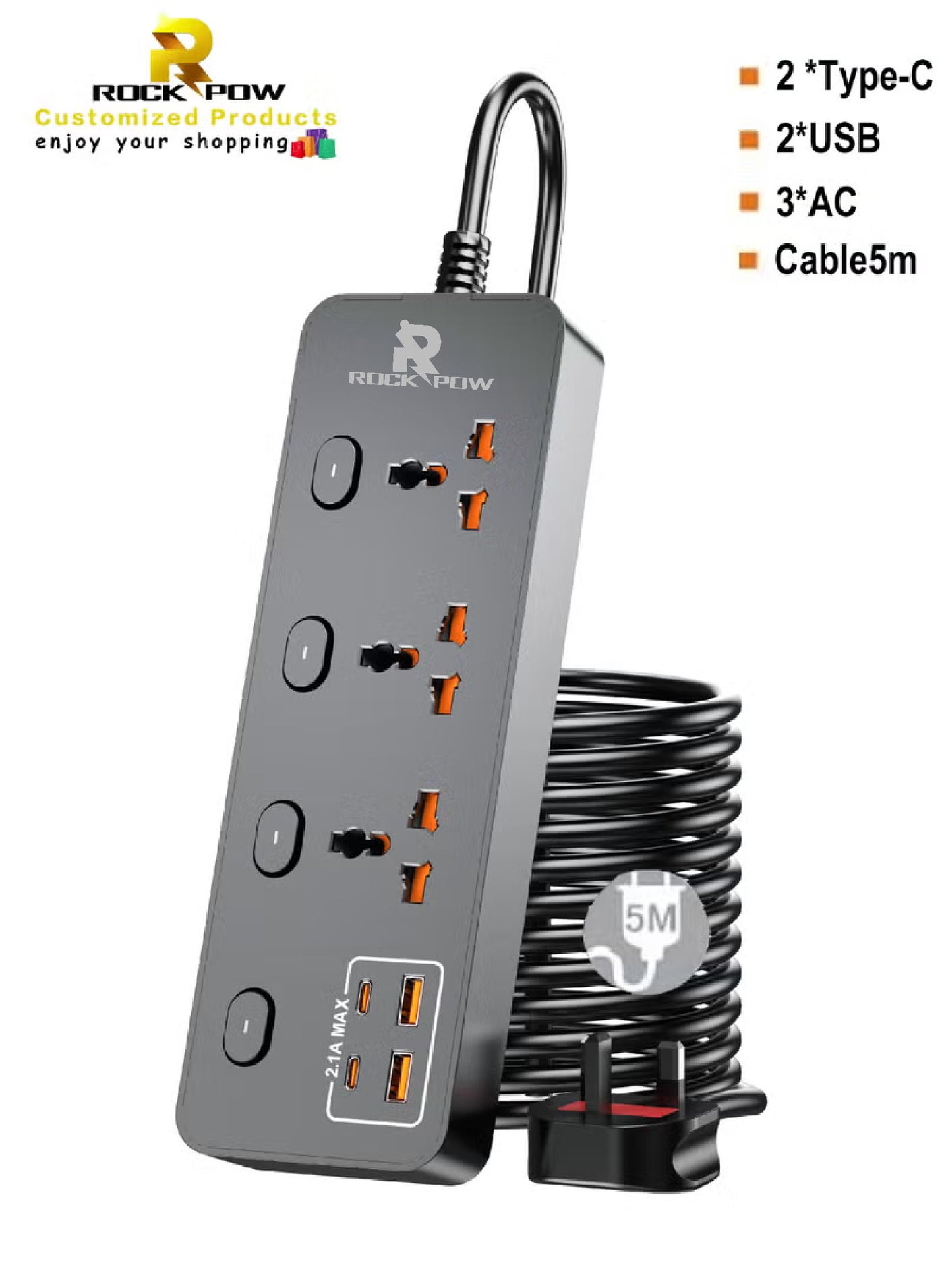 5 meters Universal Extension Lead with Multiple Function UK Plug 3 Pin Socket Outlet with 3 Gang 2 USB Port 2 Type-C Port 5M Electric Socket Mains Strip for Home Kitchen and Office 5 meters