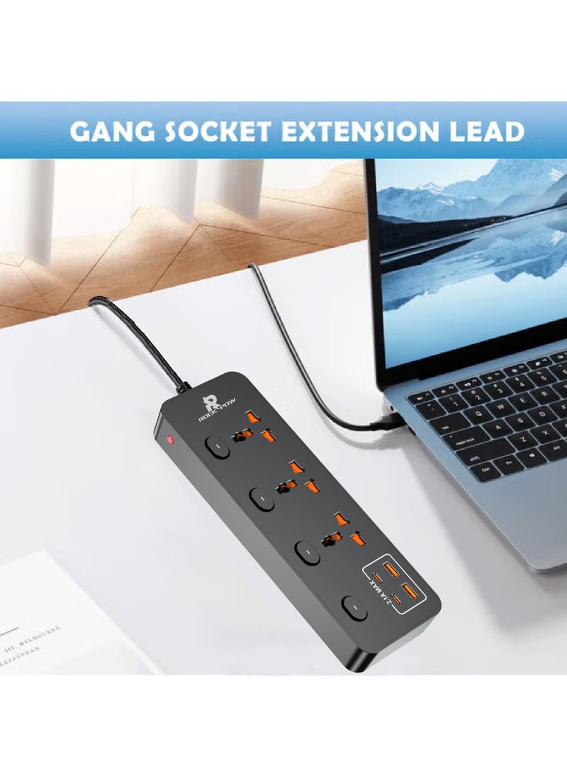 روك بو 5 أمتار التمديد العالمي الرصاص مع وظيفة متعددة المملكة المتحدة التوصيل 3 دبوس منفذ المقابس مع 3 عصابة 2 منفذ USB 2 نوع-C منفذ 5M المقابس الكهربائي الشريط الرئيسي للمطبخ المنزلي والمكتب 5 أمتار - Image 3