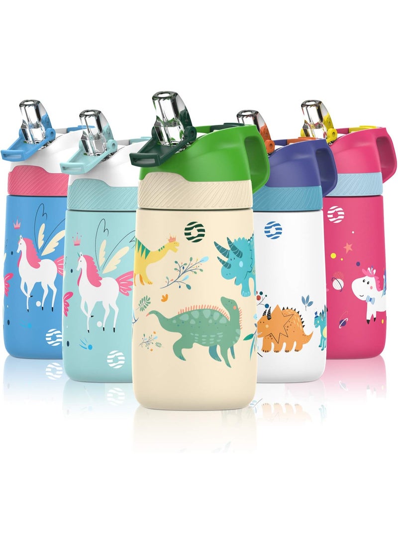 FjBottle Kids Stainless Steel Water Bottles with Straw, 12 oz Leak Proof Insulated Water Bottle Double Wall Keep Hot Cold Drinks Thermos Toddler Bottle with Handle BPA-Free for School - Image 1