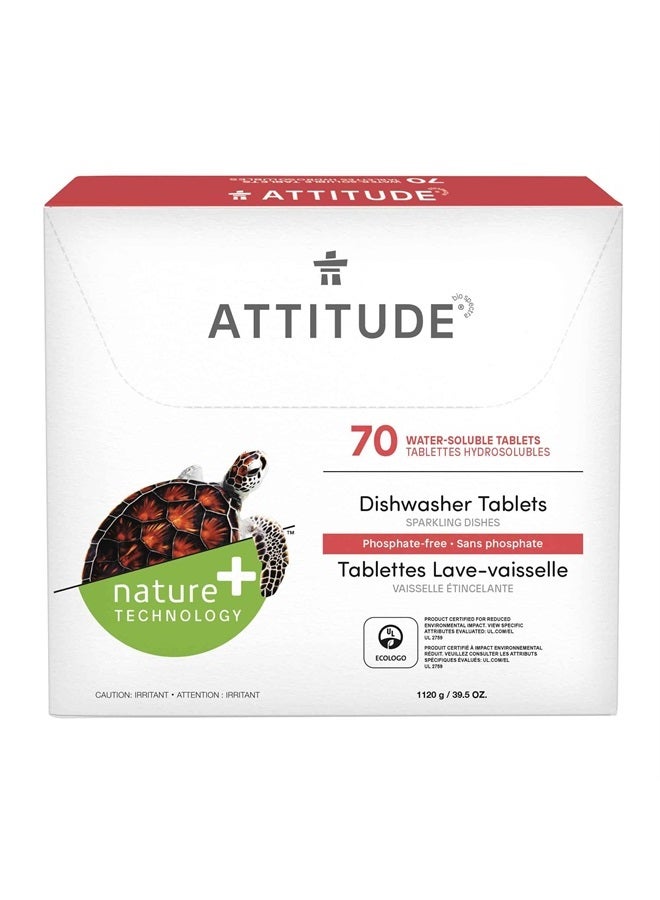 Attitude أقراص غسالة الأطباق، منظف غسيل الأطباق المشتق من مصادر طبيعية، أقراص صابون غسيل الأطباق نباتية ونباتية، خالية من الفوسفات، غير معطرة، 70 قرصًا  - Image 1