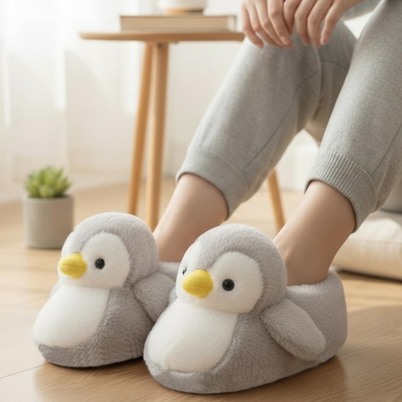 ARELUX Women Slippers Cute Penguin Animal Slippers Novelty Furry Slippers Winter Warm House Shoes Cartoon Slippers Outdoor(Grey,Large) - Image 3