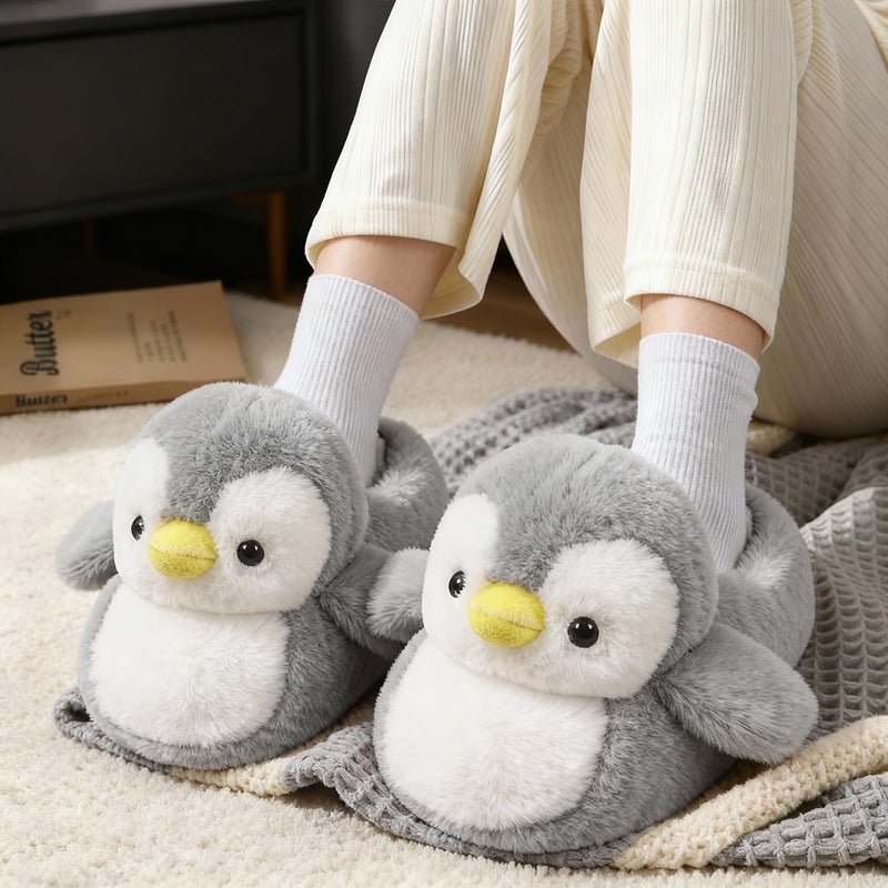 ARELUX Women Slippers Cute Penguin Animal Slippers Novelty Furry Slippers Winter Warm House Shoes Cartoon Slippers Outdoor(Grey,Large) - Image 2