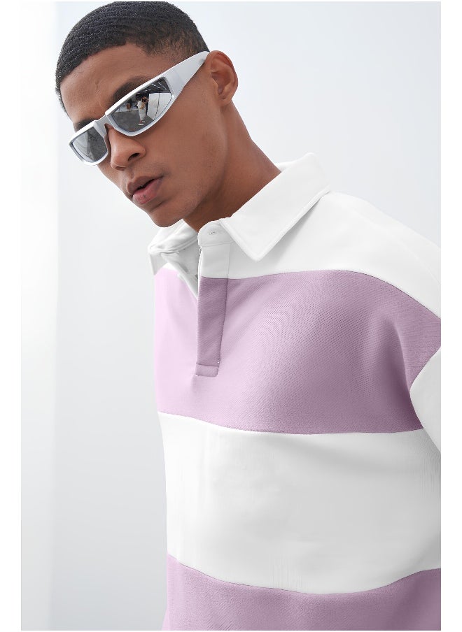 Maniac Maniac Men Polo Neck Full Sleeve White and Lavender Cotton Oversized T-Shirt  - Image 2