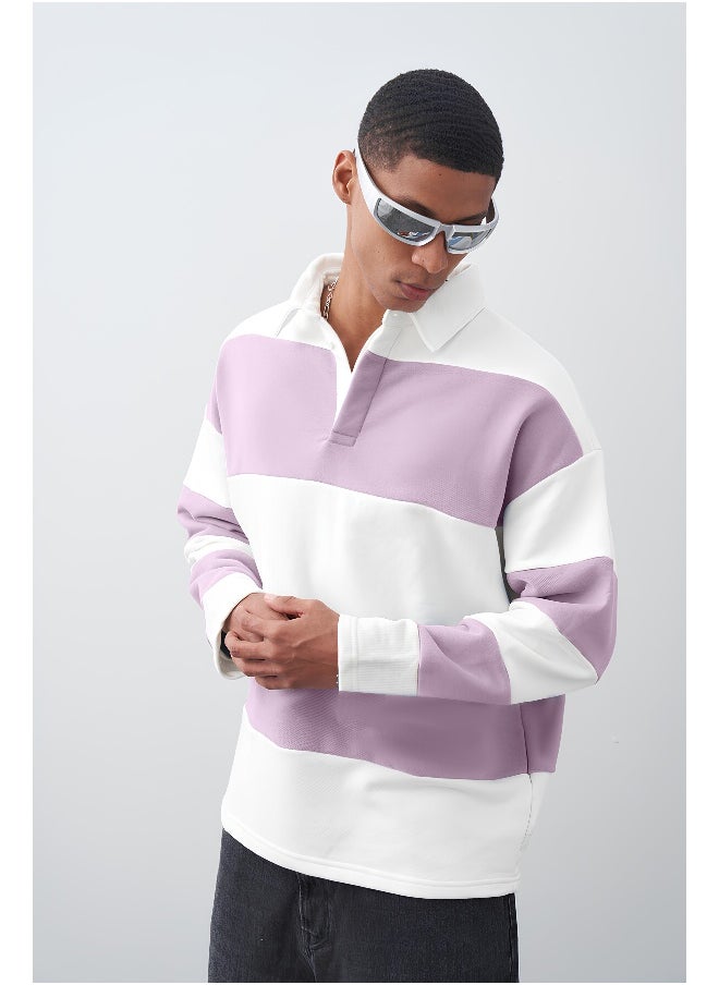 Maniac Maniac Men Polo Neck Full Sleeve White and Lavender Cotton Oversized T-Shirt  - Image 1