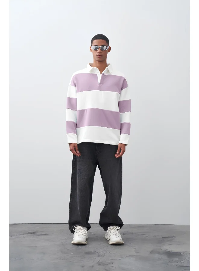 Maniac Maniac Men Polo Neck Full Sleeve White and Lavender Cotton Oversized T-Shirt