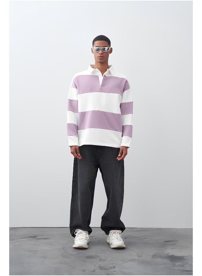 Maniac Maniac Men Polo Neck Full Sleeve White and Lavender Cotton Oversized T-Shirt  - Image 4