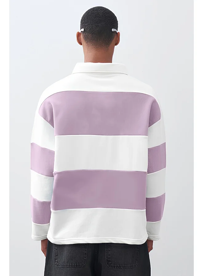 Maniac Maniac Men Polo Neck Full Sleeve White and Lavender Cotton Oversized T-Shirt