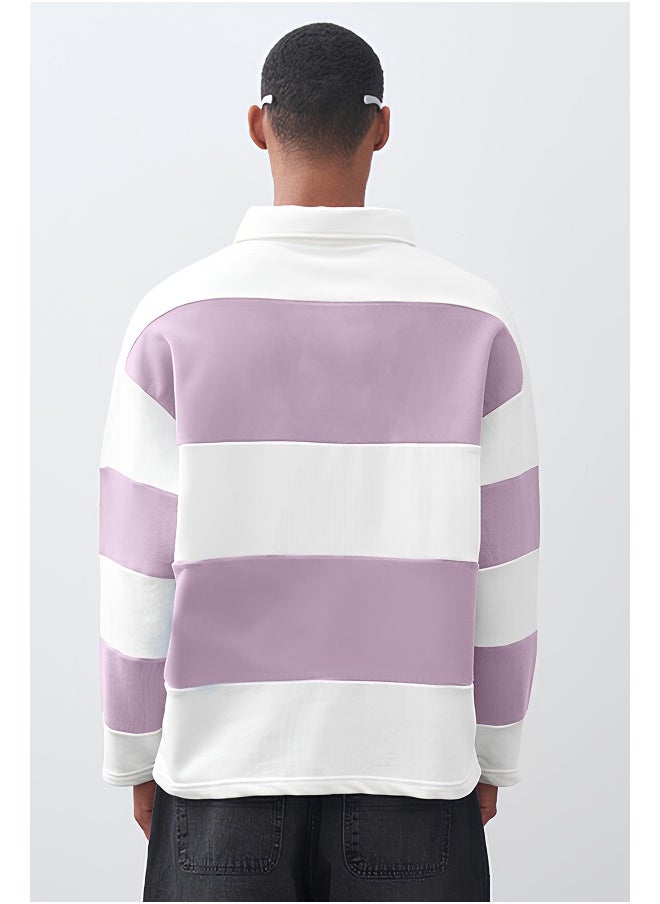 Maniac Maniac Men Polo Neck Full Sleeve White and Lavender Cotton Oversized T-Shirt  - Image 3