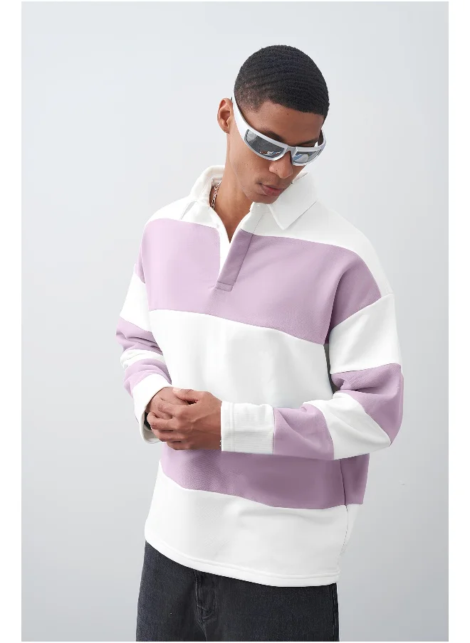 Maniac Maniac Men Polo Neck Full Sleeve White and Lavender Cotton Oversized T-Shirt