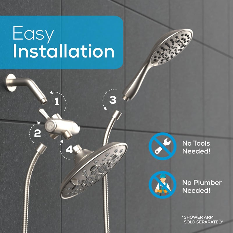 SparkPod Dual Shower Head - 8'' High Pressure 55-Mode Rain Shower Heads with Handheld Spray Combo - Rainfall, Handheld & Dual Mode - Easy Install 3-Way Showerhead with Hose & Holder (Polished Chrome) - Image 5