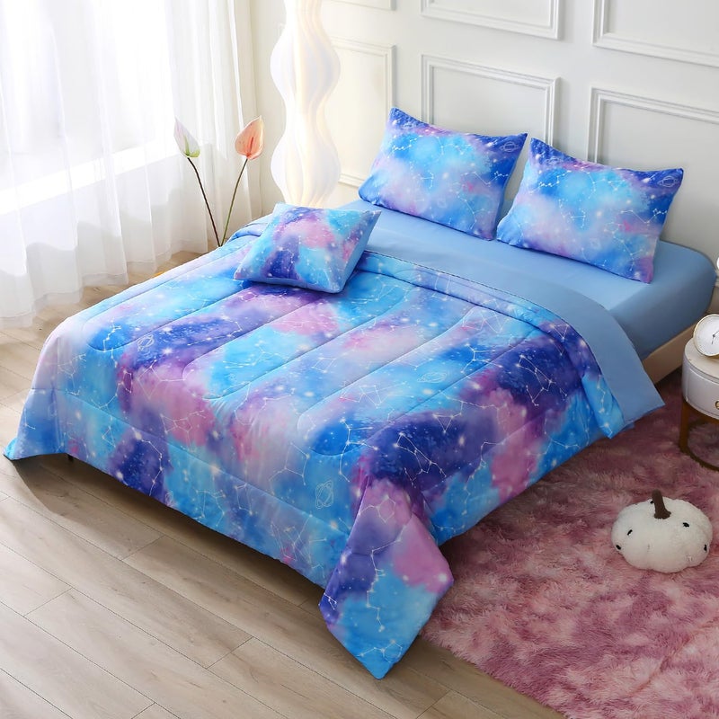 Keyroal Galaxy Constellation Print Comforter Set Full Size Girls Gradient Bedding Set6 Piece Bed in a Bag with Sheet Bedding Gift for KidsBlue