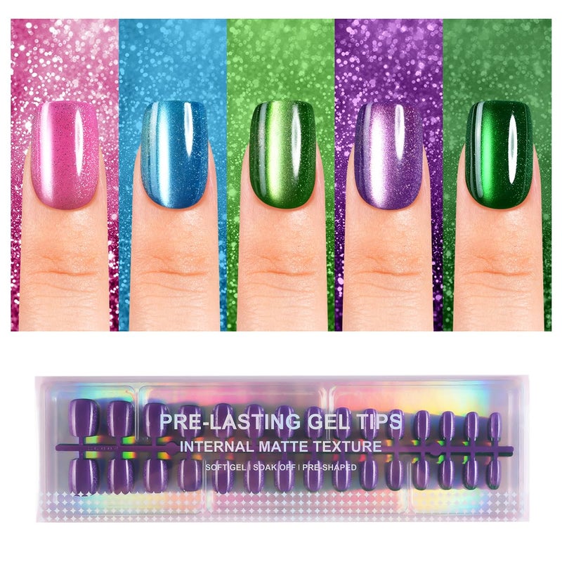 Plauva 150Pcs Cat Eye Press on Nails Short Square, Plauva Glossy Glitter Cat Eye Nail Tips, Soft Gel Fake Nails for Women and Girls Stick On Nails in 15 Sizes - Image 1