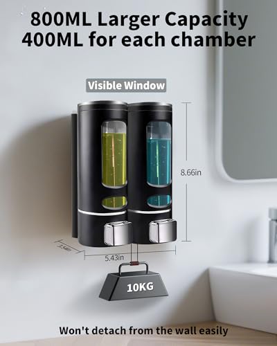 WUKUR Shampoo and Conditioner Dispenser - 800ML Wall-Mounted Shower Shampoo Dispenser No Drill Body Wash Soap Dispenser for Shower, Bathroom, Hotel (2 Chamber) - Image 2