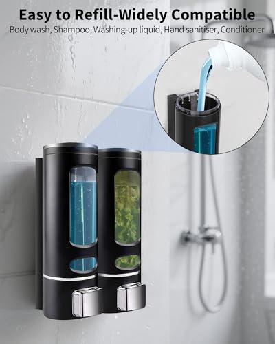 WUKUR Shampoo and Conditioner Dispenser - 800ML Wall-Mounted Shower Shampoo Dispenser No Drill Body Wash Soap Dispenser for Shower, Bathroom, Hotel (2 Chamber) - Image 4