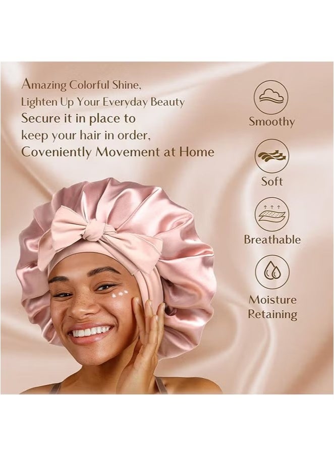 Double Layer Satin Bonnet Silk Bonnet, Curly Hair Hair Silk Hair Wrap for Sleeping Night Sleep Cap, Satin Silk Bonnet Lined Hair Bonne Tie Band Bonnets (Pale Pink) - Image 2