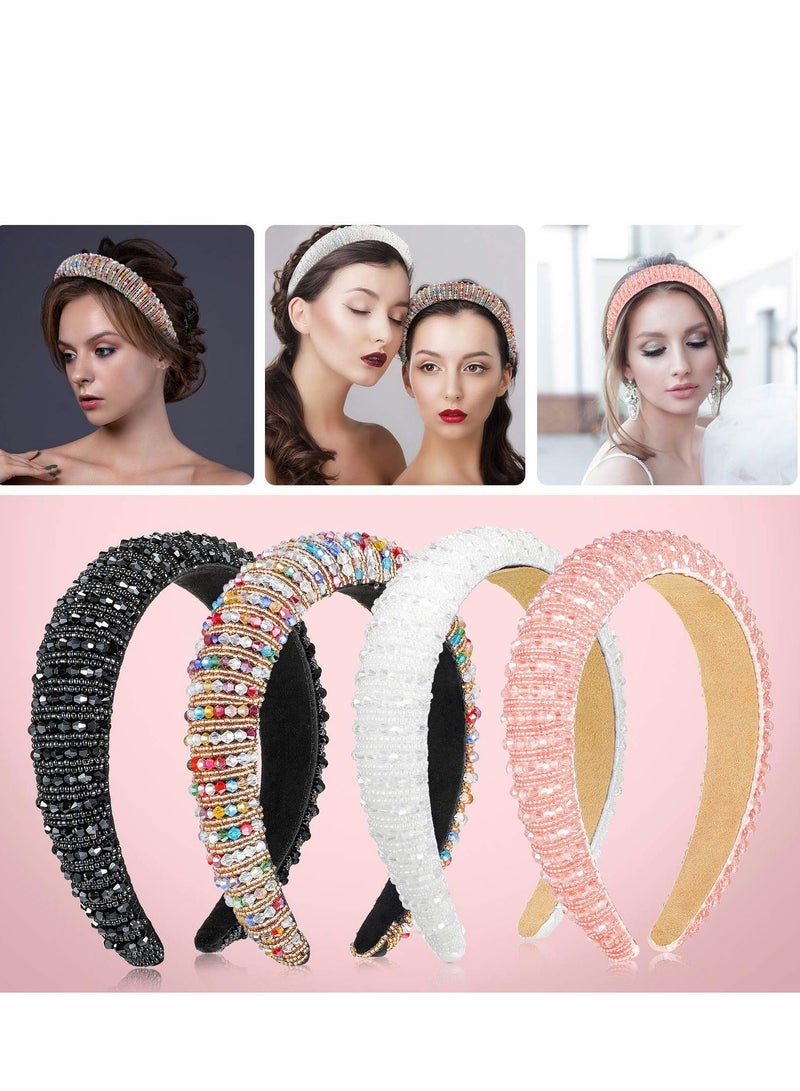 إسكدنيا Padded Rhinestone Headbands for Women Beaded Diamond Hairband Girls Crystal Embellished Hair Hoops Glitter Party Accessories (White, Pink, Rainbow, Black) - Image 1