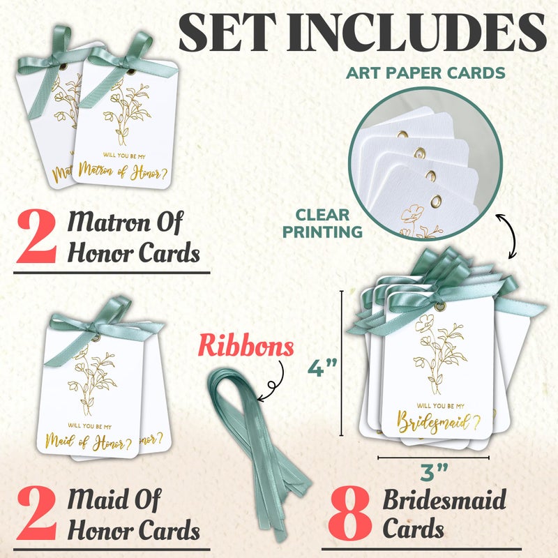 STOFINITY Bridesmaid Proposal Card Set - 8 Will You Be My Bridesmaid Card, 2 Maid Of Honor Cards, 2 Matron Of Honor Cards, Wedding Bridesmaid Proposal Gifts Ideas Green Ribbon - Image 2