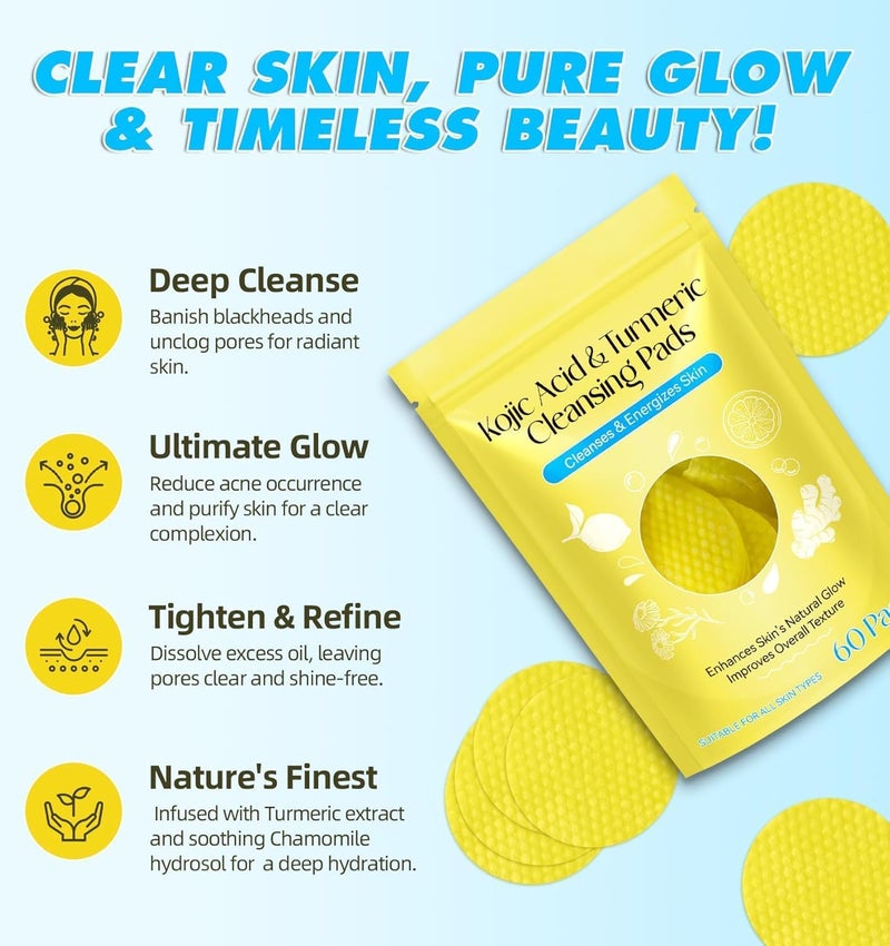 KG Turmeric Kojic Acid Cleansing Pads 60 Count Turmeric and Kojic Acid Pads Mild and Nonirritating Suit for All Skin Types Turmeric Pads for Face and Body Cleansing and Exfoliating Brightening Suitable for Oily and Dry Skin - Image 3