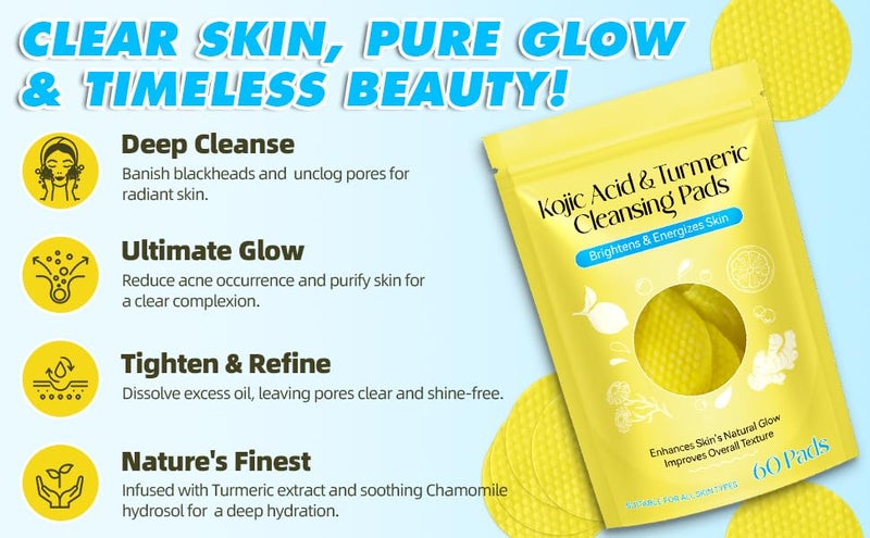 KG Turmeric Kojic Acid Cleansing Pads 60 Count Turmeric and Kojic Acid Pads Mild and Nonirritating Suit for All Skin Types Turmeric Pads for Face and Body Cleansing and Exfoliating Brightening Suitable for Oily and Dry Skin - Image 5
