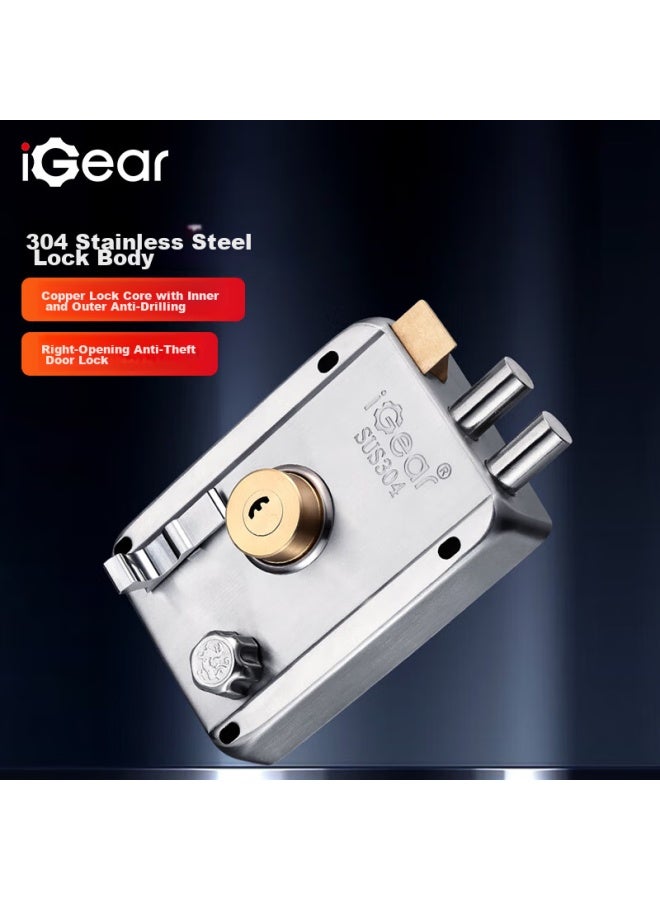 Igear Old-style Door Lock, 304 Stainless Steel, Anti-theft, For Wooden And Metal Doors, Thickened Lock Body, Indoor Door Lock, Brushed Finish, Right-opening - Image 1