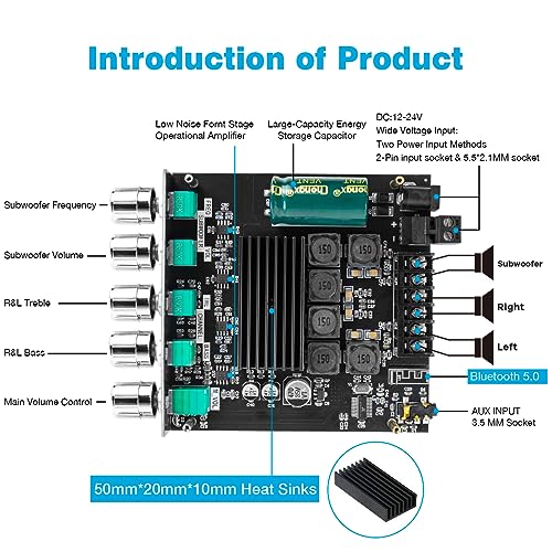 Hosyond لوحة مضخم الصوت 2.1 قناة مع مضخم صوت سوب ووفر 50W+50W+100W بلوتوث 5.0 TPA3116D2 تحكم في الترددات العالية والمنخفضة لمكبر الصوت الرقمي HiFi لمسرح المنزل DIY - Image 2