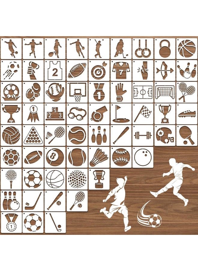 eageus 64 Pieces Small Sport Stencils for Painting, 3 Inch Reusable Football Basketball Soccer Baseball Ball Wood Burning Stencil, Plastic Template for Fabric Canvas Craft Rock Sign Home Decor(Sport) - Image 1