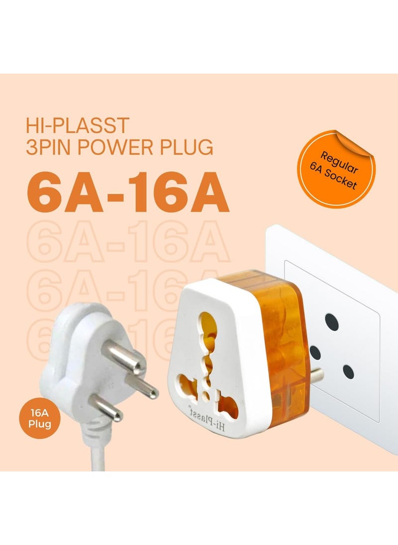 HI PLASST PINS N PLUGS HiPlasst Pack of 5 3Pin International 6 amp to 16 amp Converter Plug for Big Size 16 Ampere Plug Top Adapter for Geysers AC Refrigerator Microwave etc  - Image 2