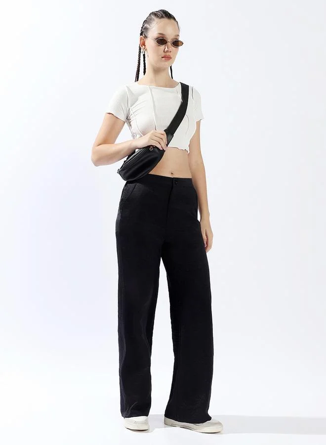 HIGH STAR Women'S Black 100% Polyester Solid Pattern Full Length Palazzo Wide Leg Trouser