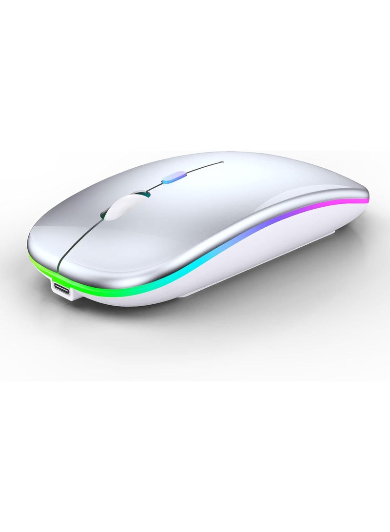 Wireless Charging Mouse, 2.4GHz Wireless and Bluetooth Dual Mode, With USB Receiver, Slim Portable Silent Mouse, RGB Lights, Compatible with Laptop, Desktop Computer, Silver - Image 1