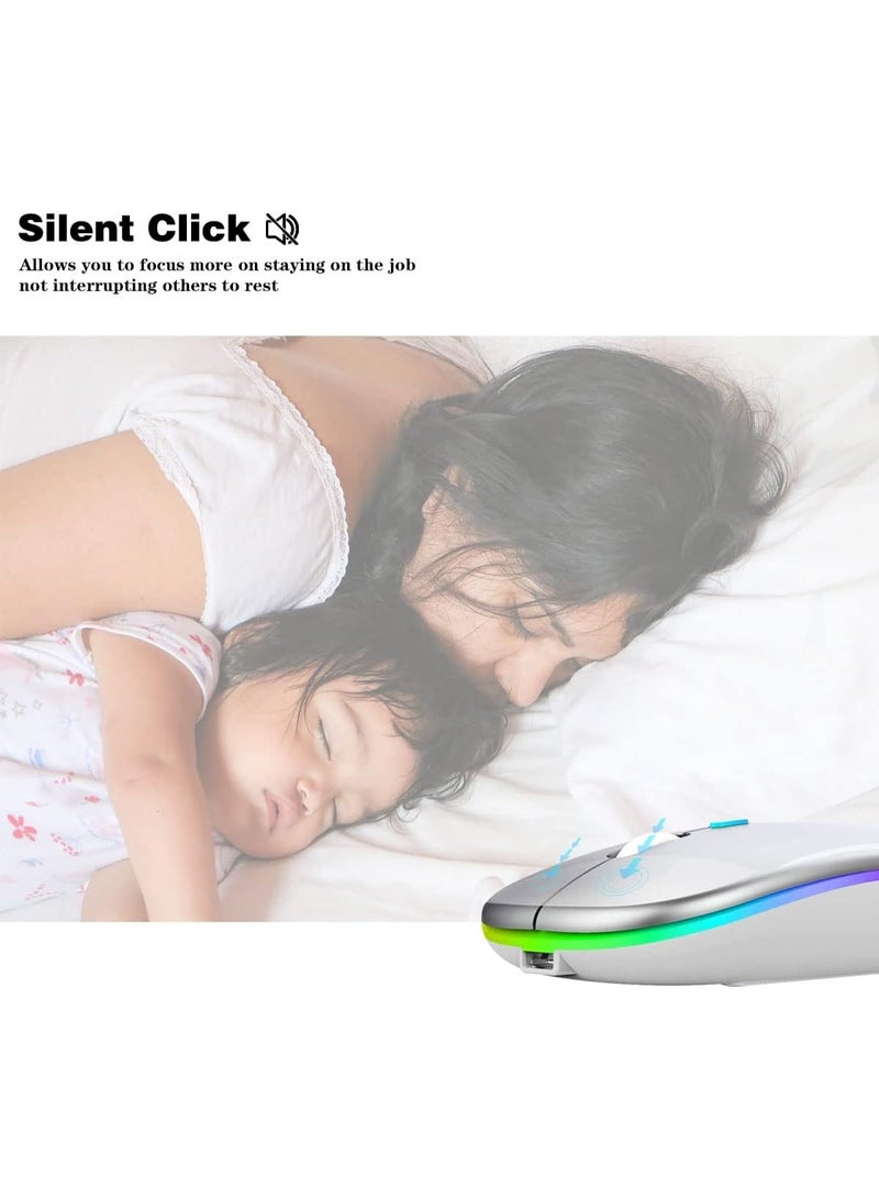 Wireless Charging Mouse, 2.4GHz Wireless and Bluetooth Dual Mode, With USB Receiver, Slim Portable Silent Mouse, RGB Lights, Compatible with Laptop, Desktop Computer, Silver - Image 3