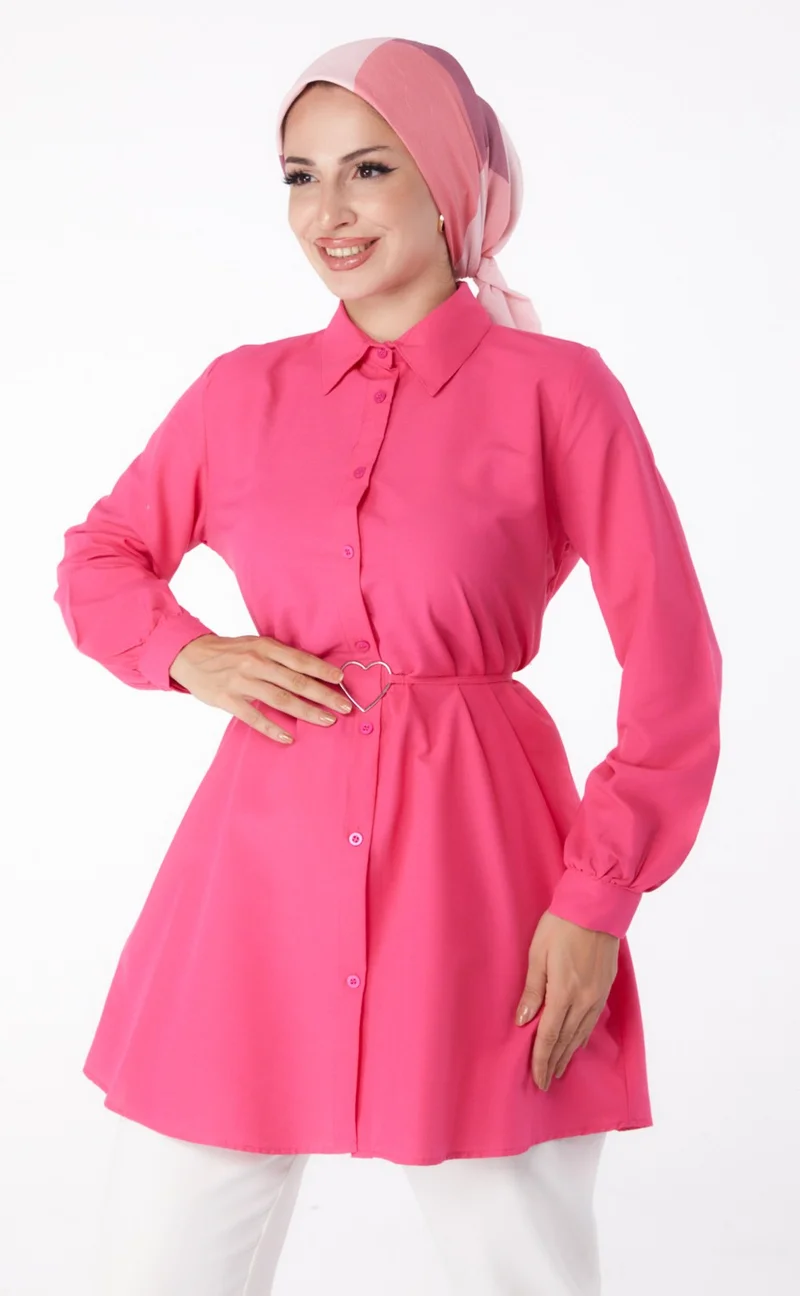 Tofisa Plain Shirt Collar Women's Fuchsia Tunic - 13280